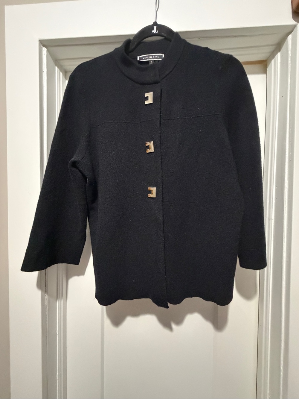 Melanie Lyne Stand Collar Black Sweater with Decorative Square Buttons